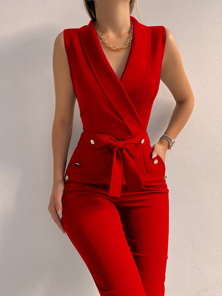 New Solid Casual Women Summer Jumpsuits V-Neck Lace-Up Sleeveless Wide Leg Pants Button Ladies Bodysuits Streetwear Dropshipping