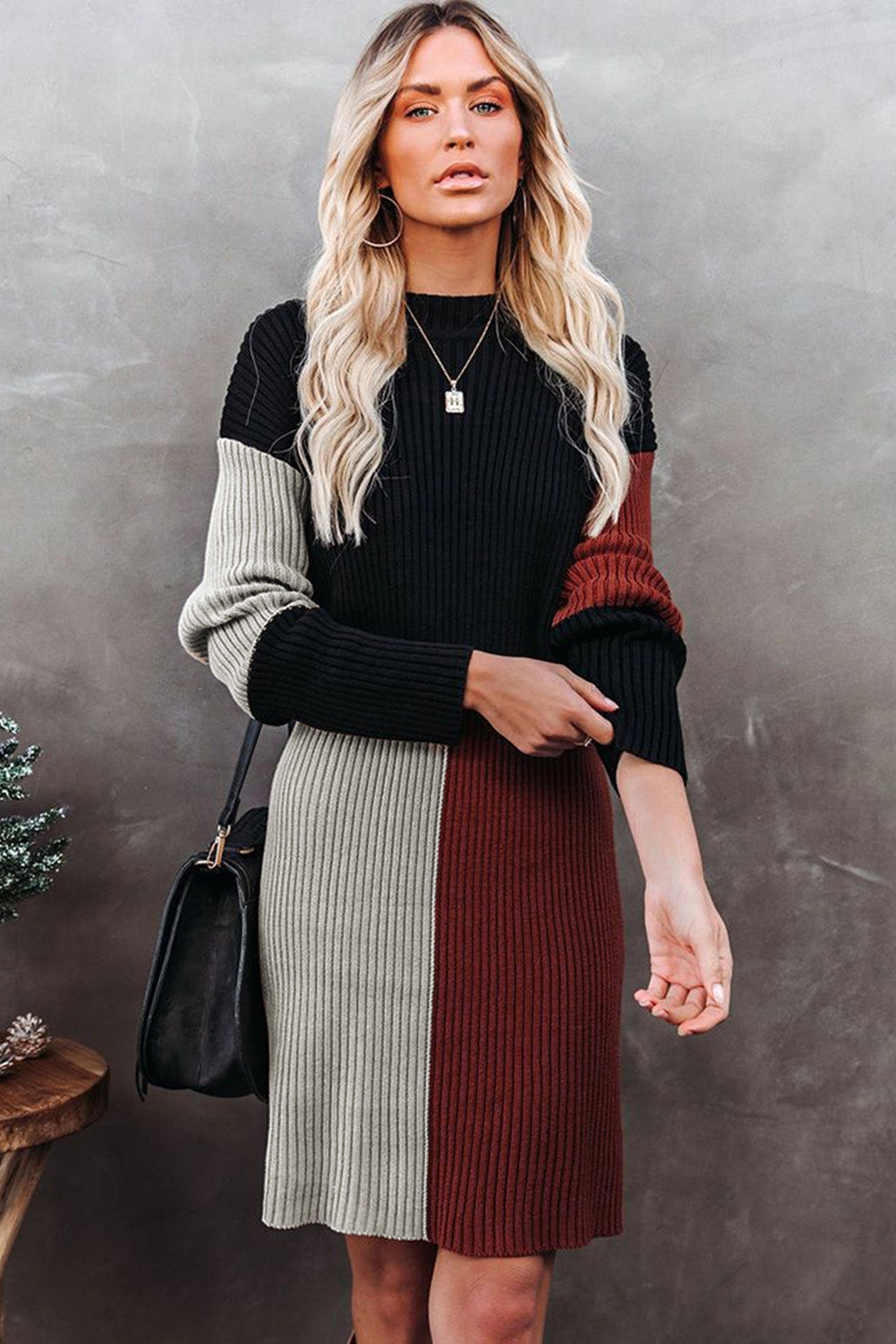 Colorblock Knit Sweater Mini  Dress