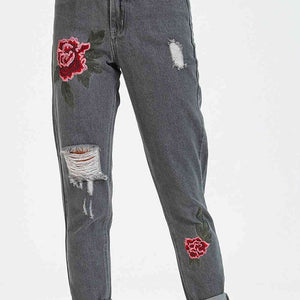 Flower Embroidery Distressed Jeans