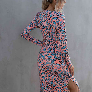 Leopard Twisted Slit Long Sleeve Dress