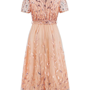 Sequin Leaf Embroidery Tie Front Short Sleeve Dress