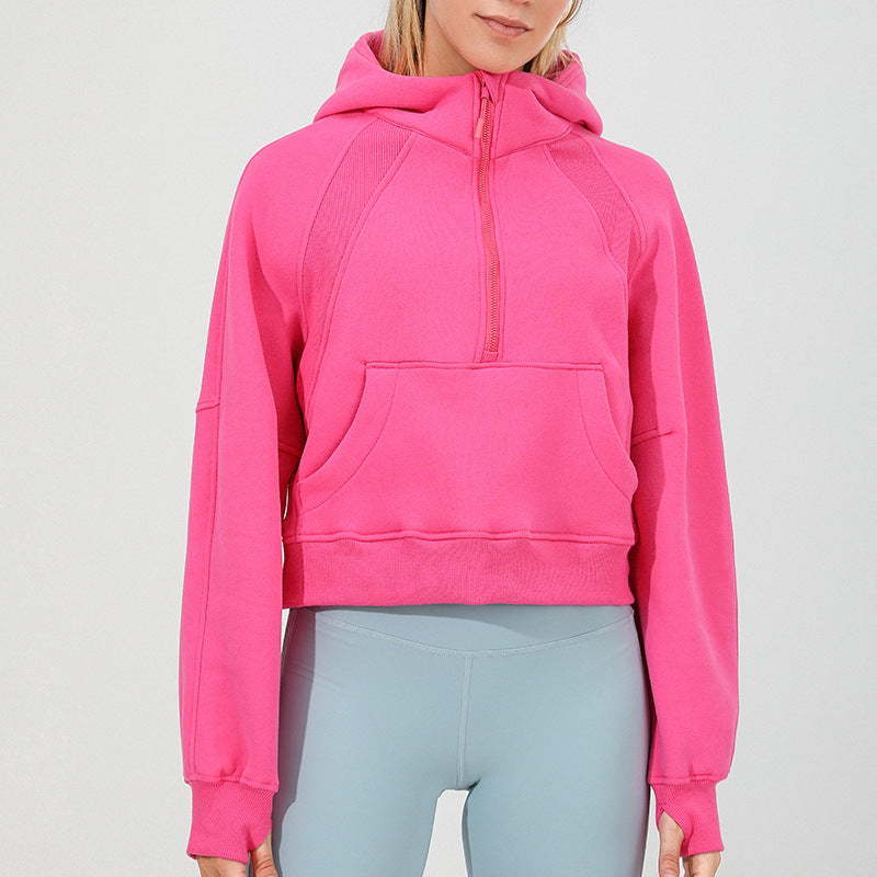 Autumn Winter Loose Anti Wrinkle Fleece Lock Warm Yoga Workout Top Hooded Sports Jacket Women