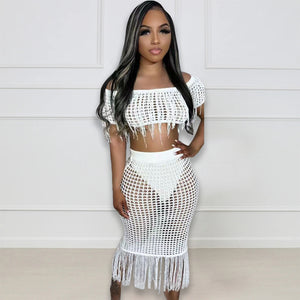 Sexy See through Knitted Hand Crochet Tassel Beach Suit