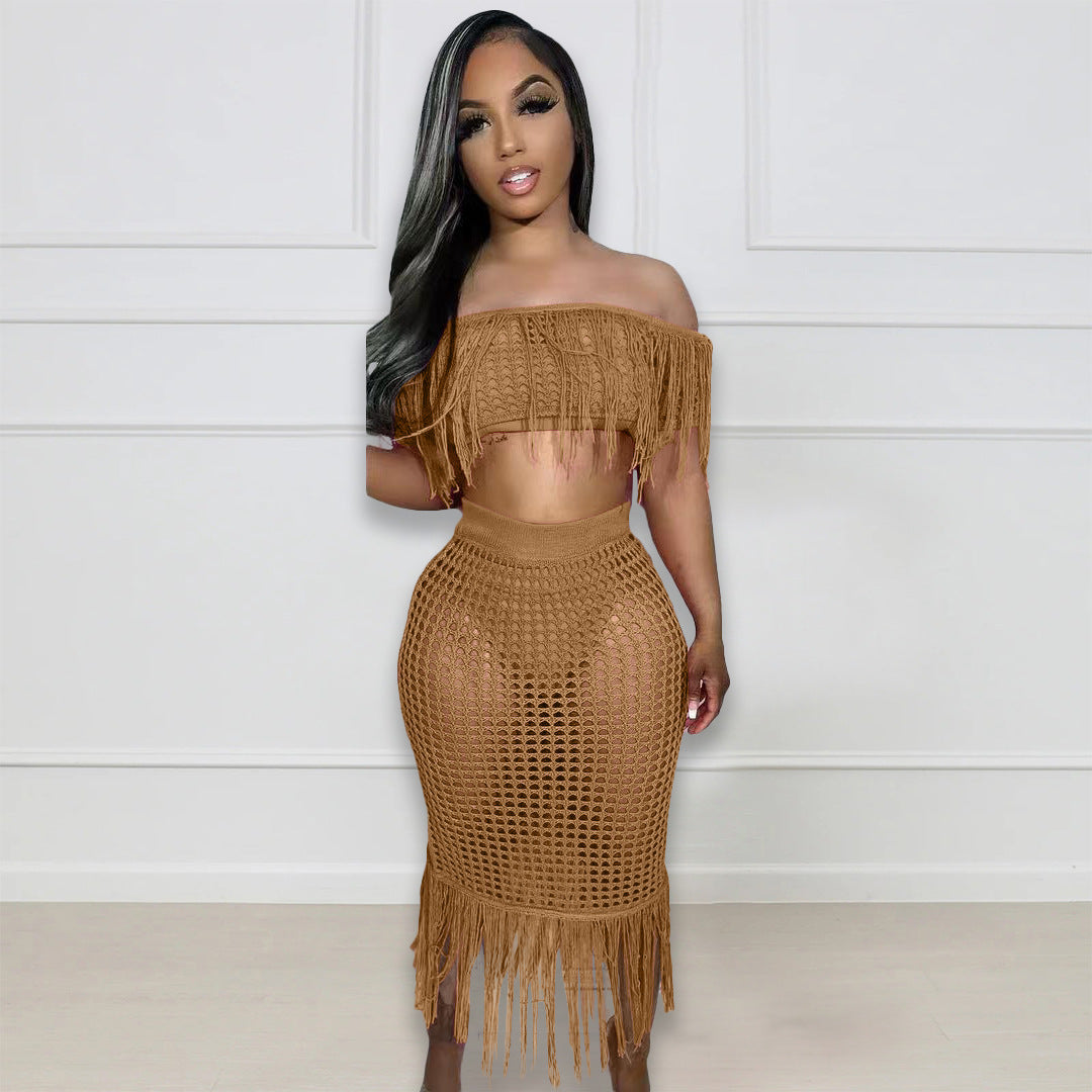 Sexy See through Knitted Hand Crochet Tassel Beach Suit