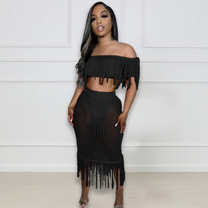 Sexy See through Knitted Hand Crochet Tassel Beach Suit