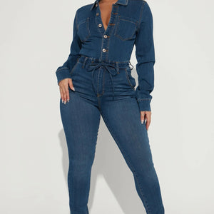 Women Sexy Long Sleeve High Elasticity Denim Jumpsuit