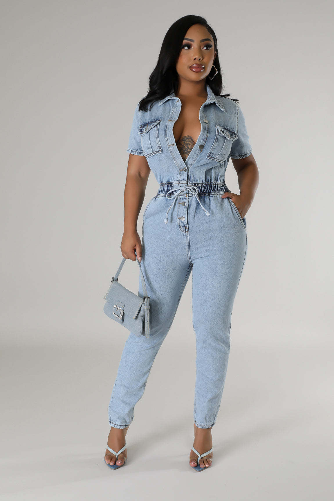 Elastic Waist Slim Elastic Feet Fried Floral Wash Denim Jumpsuit Jumpsuit