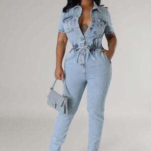 Elastic Waist Slim Elastic Feet Fried Floral Wash Denim Jumpsuit Jumpsuit