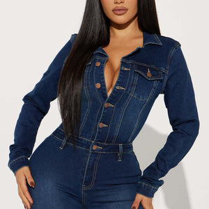 Women Slim Stretch Trumpet Wash Long Sleeve Denim Jumpsuit Jumpsuit