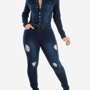 Slim Elastic Tight Ripped Washed Long Sleeve Denim Jumpsuit Jumpsuit