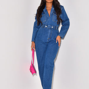 Women Clothing Internet Celebrity Same Sexy Suit Collar Denim Jumpsuit