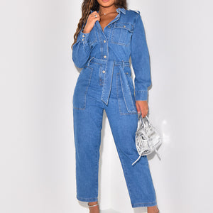 Platform Women Casual Sexy Pocket Denim One-Piece Belt Pants Wide Leg Pants