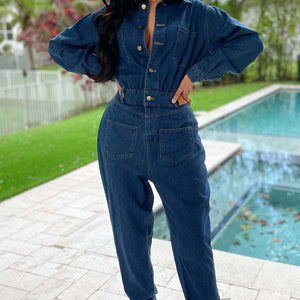 Slim Elastic Feet Wash Denim Jumpsuit