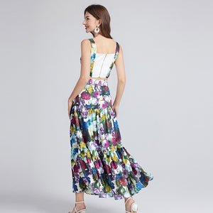 Sexy Printed Small Lace Stitching Three Dimensional Strapless Halter Skirt Two Piece Set