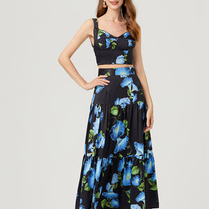 Women Summer Floral Short Strapless Top High Waist Skirt Two Piece Set