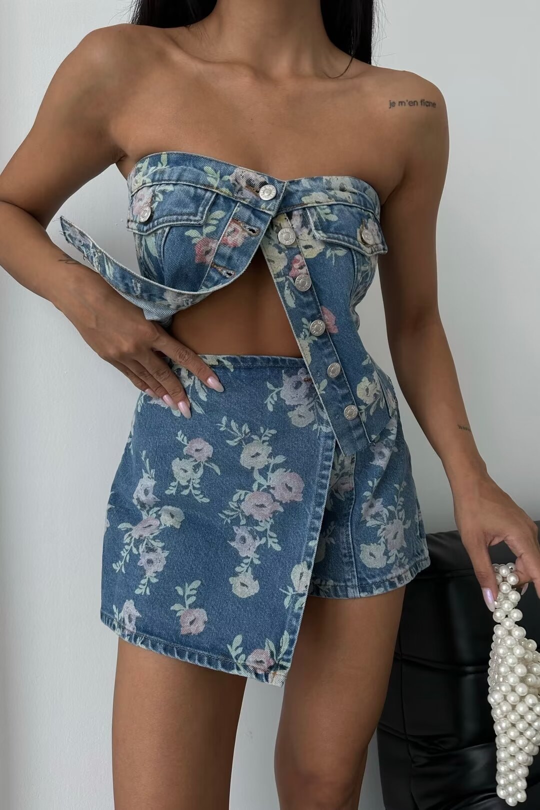 Women Clothing Sexy Floral Strapless Top a Short Skirt Two Piece Set