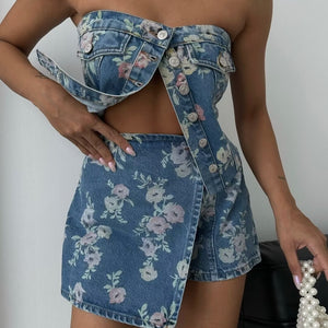 Women Clothing Sexy Floral Strapless Top a Short Skirt Two Piece Set