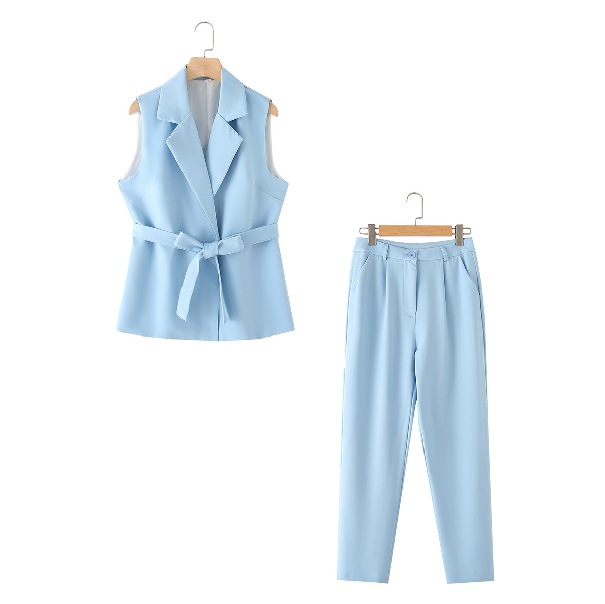Spring Solid Color Waist Tight with Belt Vest High Waist Casual Trousers Set Women