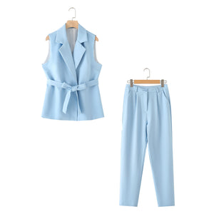 Spring Solid Color Waist Tight with Belt Vest High Waist Casual Trousers Set Women