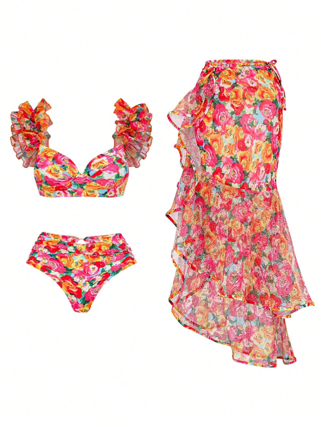 Bikinx Printed Splicing Swimsuit Set With Ruffle Hem And Underwire Bra Cups Including Mermaid Tail Skirt