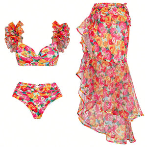 Bikinx Printed Splicing Swimsuit Set With Ruffle Hem And Underwire Bra Cups Including Mermaid Tail Skirt