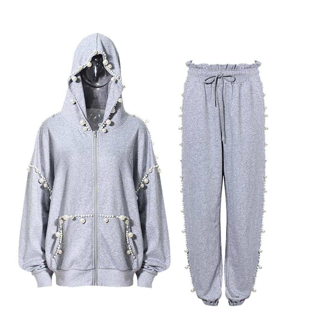 Gray Hooded Sweater Women Spring Autumn Niche Loose Lazy Long Sleeve Top Pearl Set