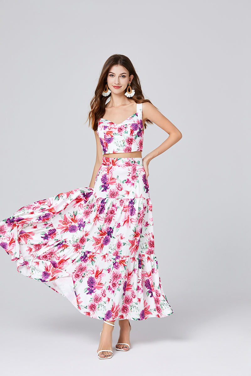 Summer Flower Stitching Three Dimensional Strapless Sling Skirt Two Piece Set With Breast Pad