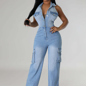 Tight Waist Slim Elastic Washing Denim Jumpsuit Straight Loose Jumpsuit