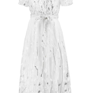 Sequin Leaf Embroidery Tie Front Short Sleeve Dress