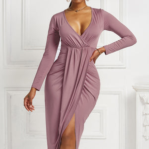 High-low Ruched Surplice Long Sleeve Dress