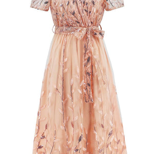 Sequin Leaf Embroidery Tie Front Short Sleeve Dress