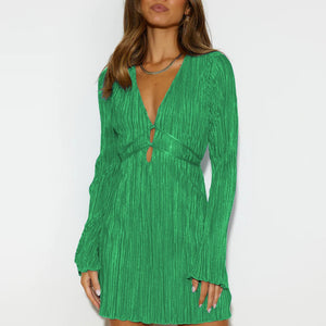 Tied Plunge Flare Sleeve Mini Dress