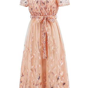 Sequin Leaf Embroidery Tie Front Short Sleeve Dress