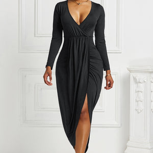 High-low Ruched Surplice Long Sleeve Dress