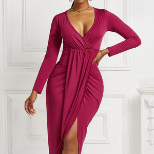 High-low Ruched Surplice Long Sleeve Dress