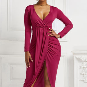 High-low Ruched Surplice Long Sleeve Dress