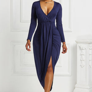 High-low Ruched Surplice Long Sleeve Dress