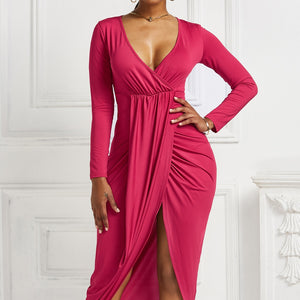 High-low Ruched Surplice Long Sleeve Dress