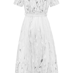 Sequin Leaf Embroidery Tie Front Short Sleeve Dress