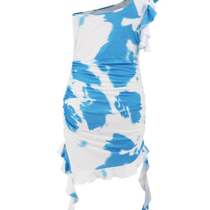 Ruffled Tie-Dye Single Shoulder Mini Dress