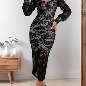 Perfee Lace Sweetheart Neck Long Sleeve Midi Dress