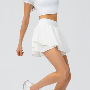 Spring Summer Women Tennis Skirt Set Nude Feel Skin-Friendly Sports Short-Sleeved Top Loose Running Short Skirt False-Two-Piece Skirted Leggings