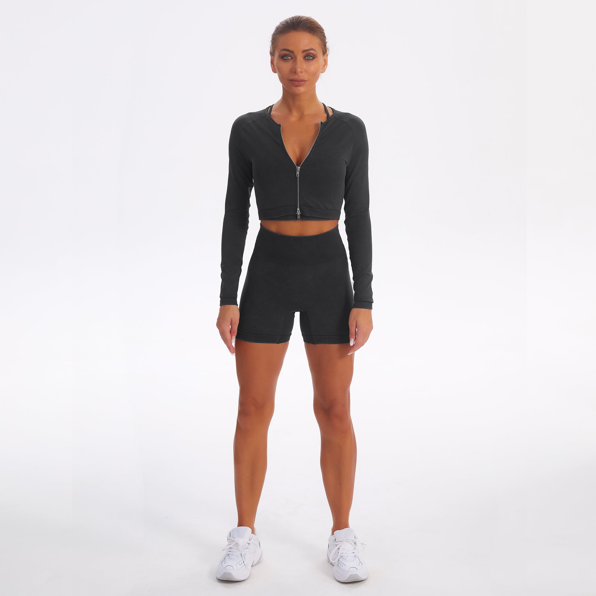 Seamless Sports Yoga Workout Clothes Long Sleeve Shorts Suit Women