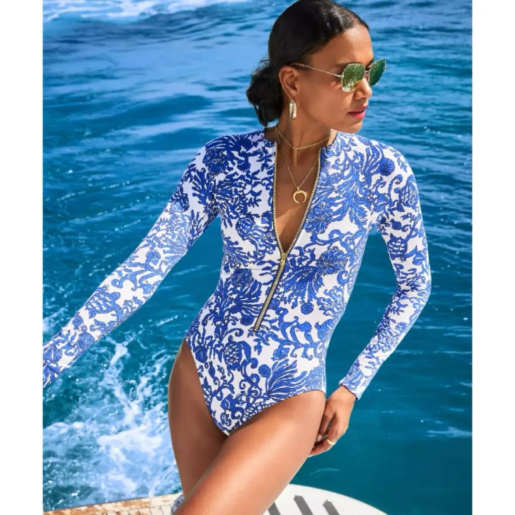 2024 Swimsuit Long Sleeve Zip Blue White One Piece Swimwear Women  Vacation Beachwear Luxury Bathing Suit Bikini surfing suit