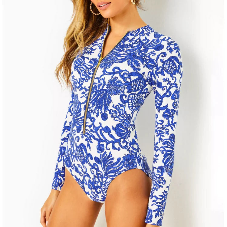 2024 Swimsuit Long Sleeve Zip Blue White One Piece Swimwear Women  Vacation Beachwear Luxury Bathing Suit Bikini surfing suit