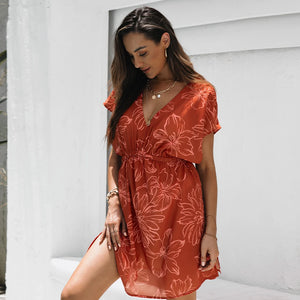 CUPSHE Plunge Neck Elastic Waist Bikini Cover Up For Women Loose Short Sleeve Holiday Beach Tunic Dress 2023 Summer Beachwear