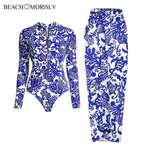 2024 Swimsuit Long Sleeve Zip Blue White One Piece Swimwear Women  Vacation Beachwear Luxury Bathing Suit Bikini surfing suit