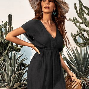 CUPSHE Plunge Neck Elastic Waist Bikini Cover Up For Women Loose Short Sleeve Holiday Beach Tunic Dress 2023 Summer Beachwear