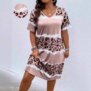 Spring Summer Plus Size  Women's   Dresses  Fashion  Leopard V-Neck  Casual Loose Comfortable Dress