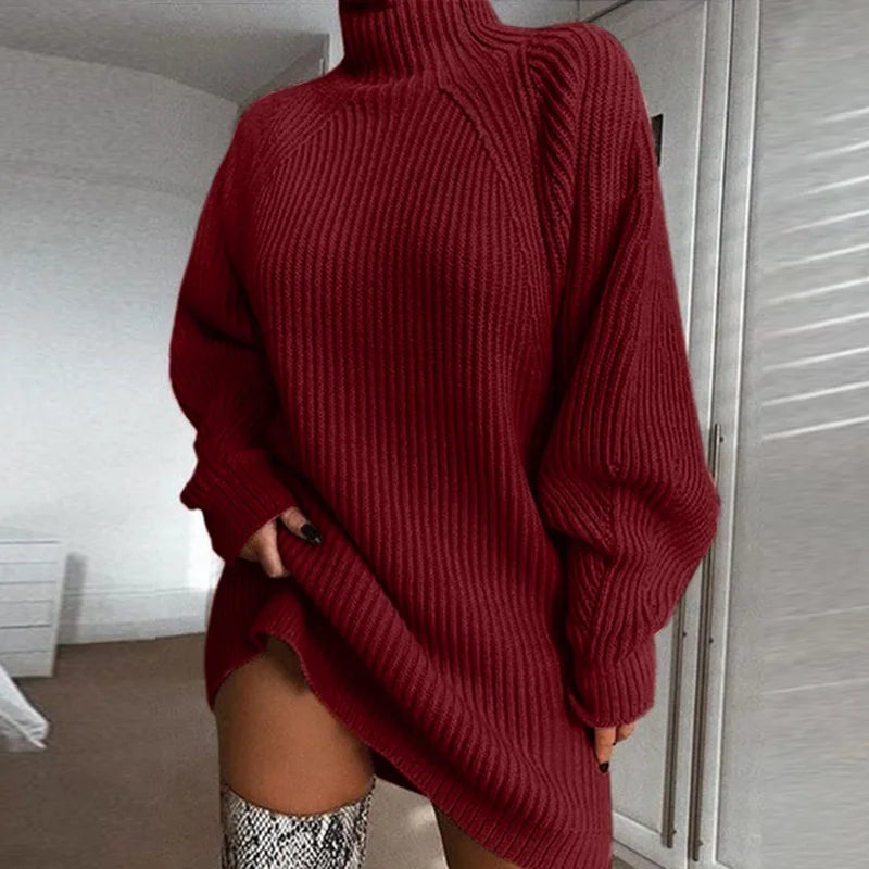 Women Turtleneck Sweater Dress Autumn Solid Long Sleeve Casual Elegant Mini Oversized Knitted Dress Winter Clothes